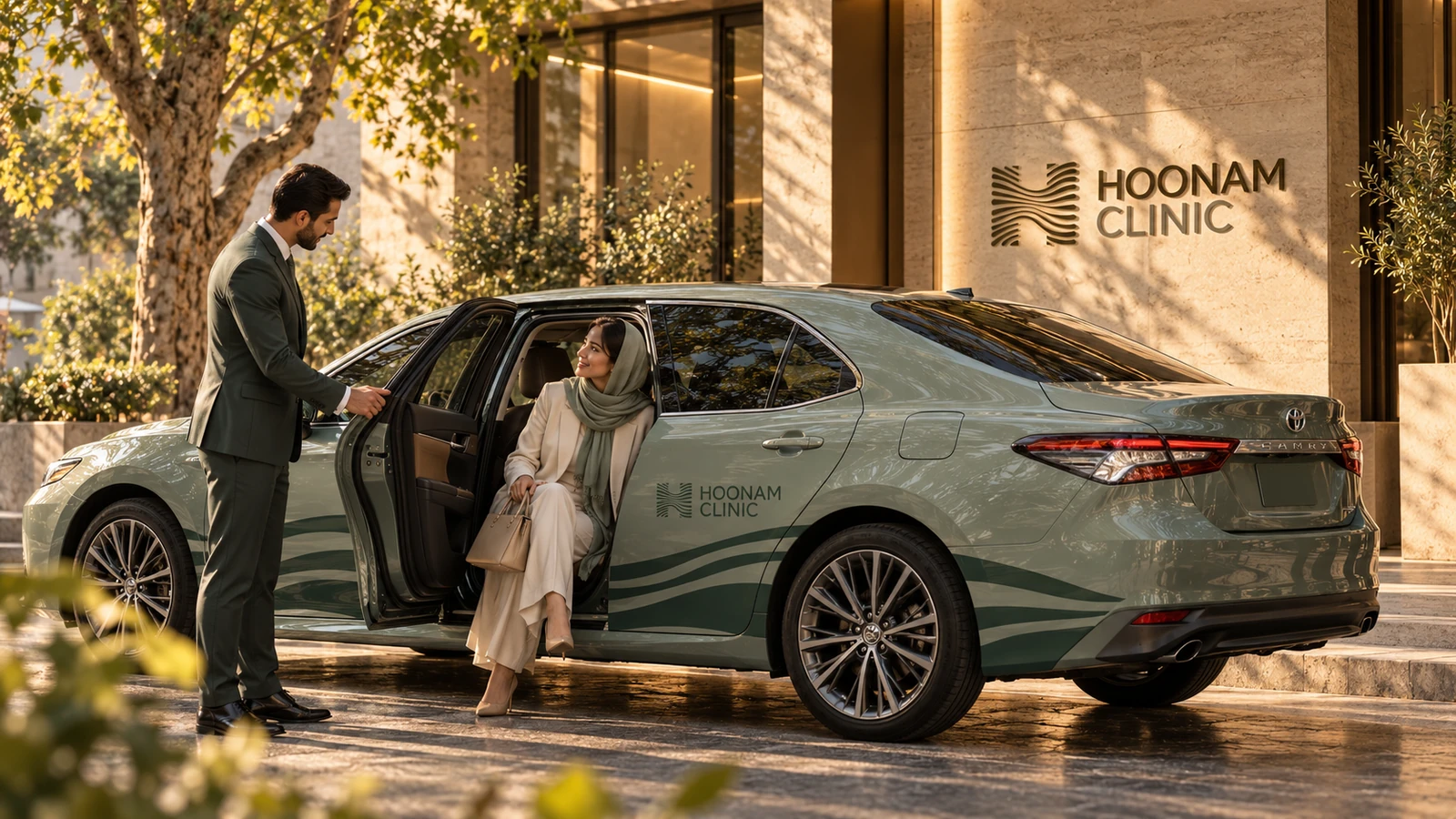 Proposed Hoonam-branded Toyota Camry with a chauffeur welcoming an adult client