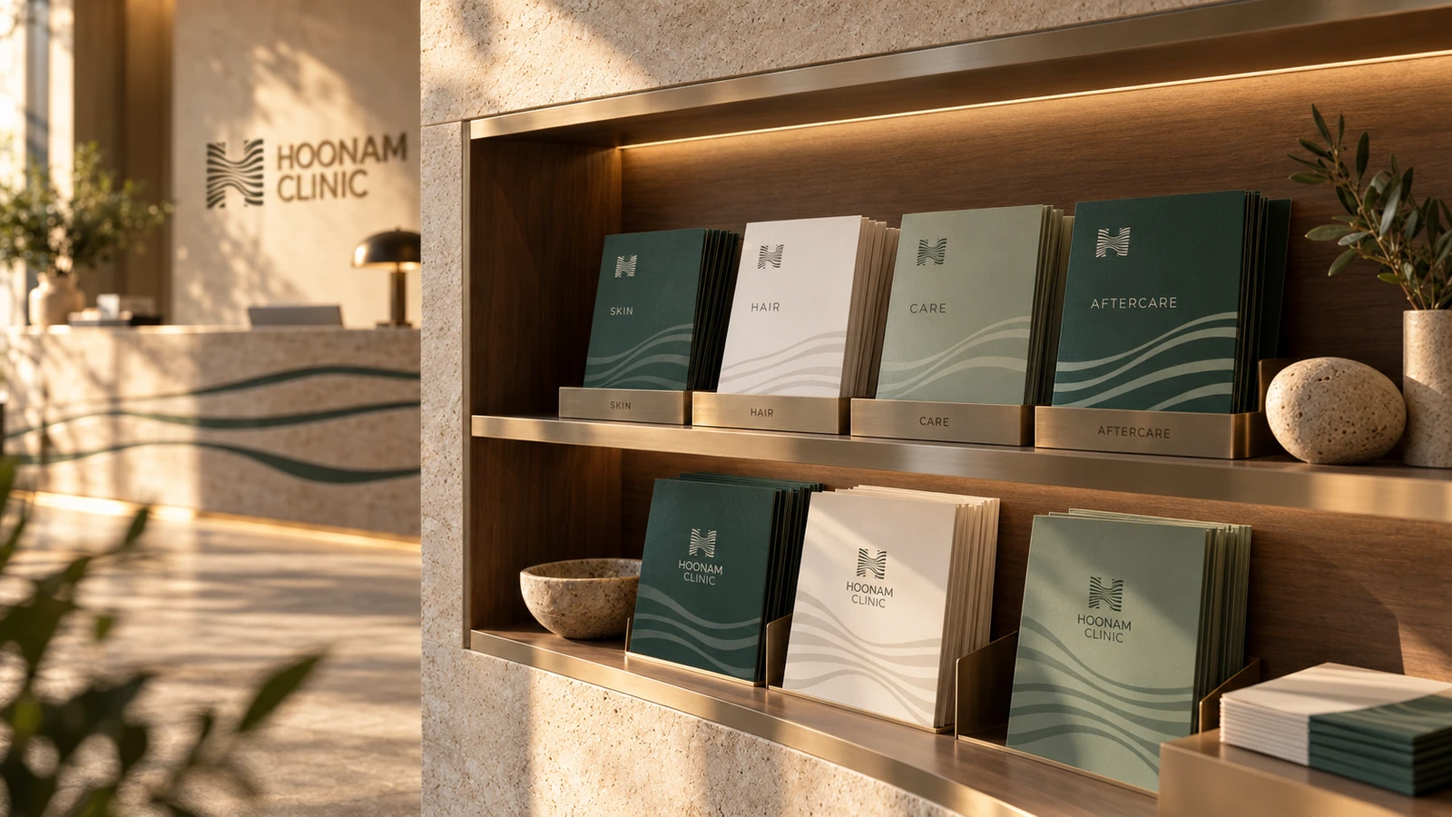 Hoonam skin, hair, care and aftercare brochures arranged on an integrated premium reception shelf