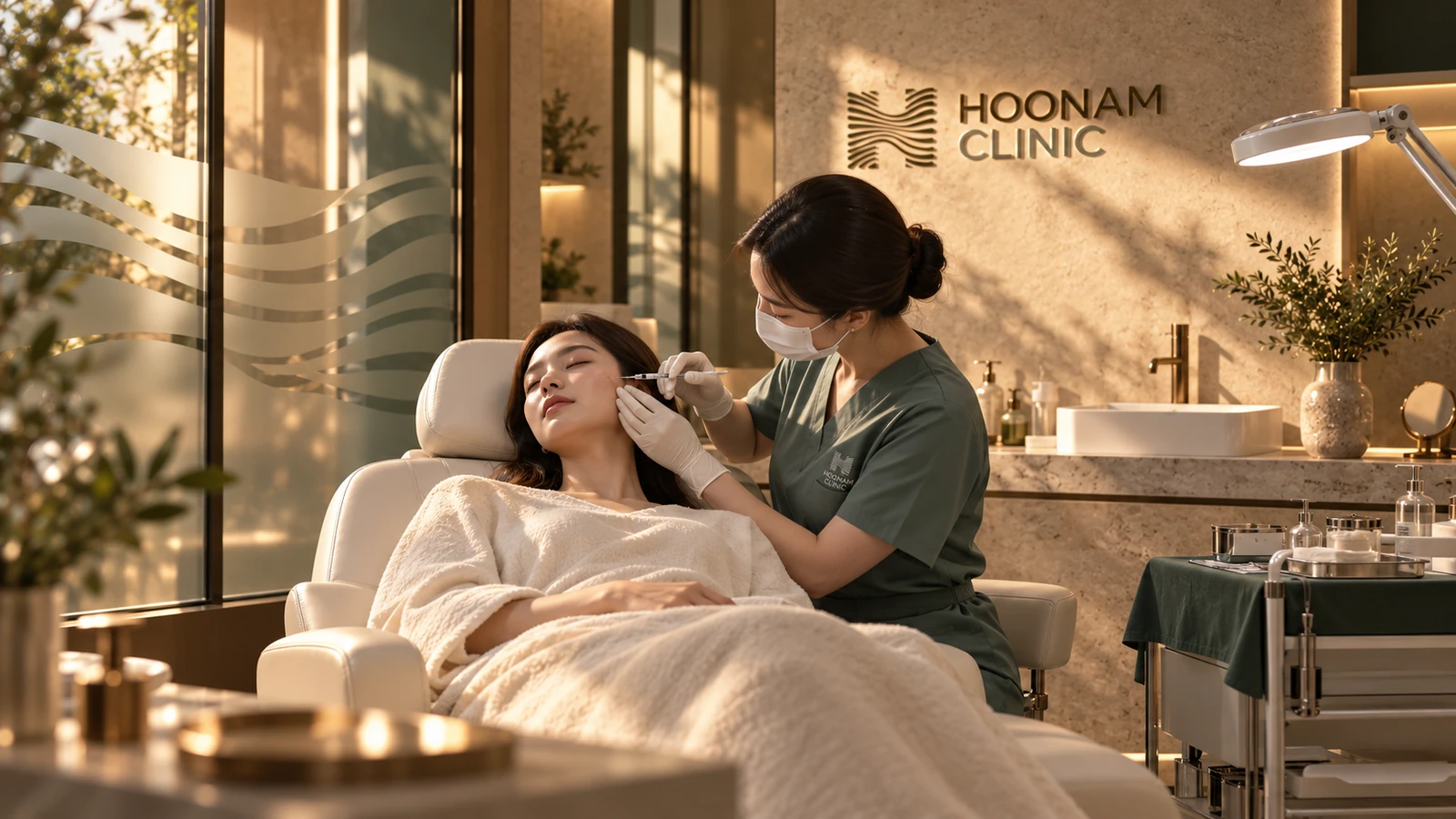Non-graphic concept visualisation of a clinician treating an adult patient’s cheek in the branded Hoonam treatment room