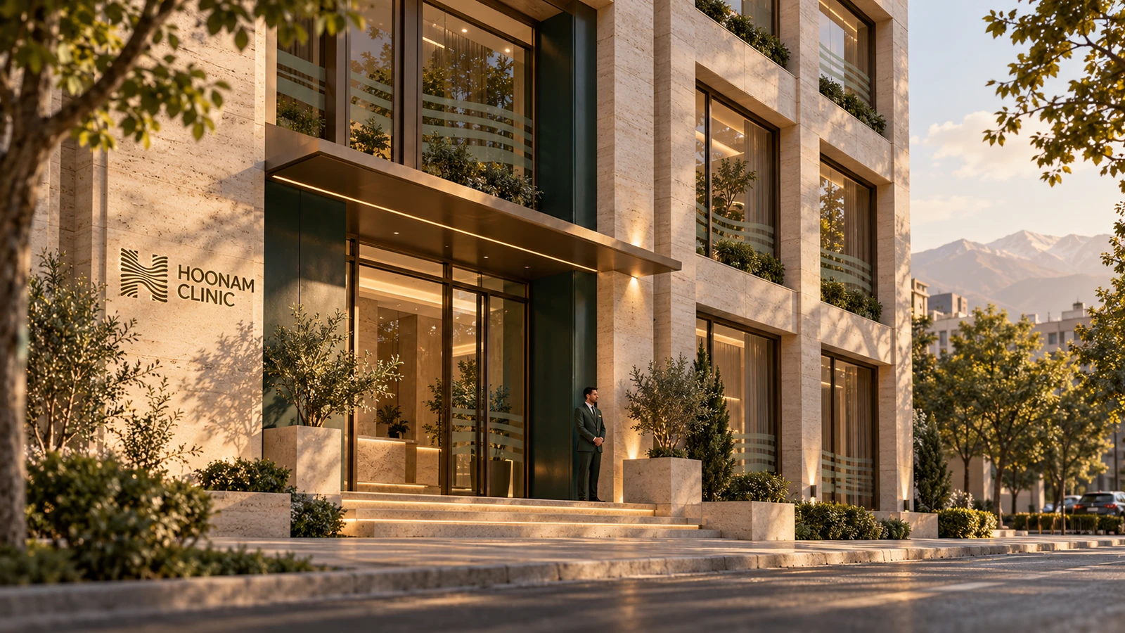 Concept exterior of Hoonam clinic in a leafy Tehran street with warm stone facade and original branding