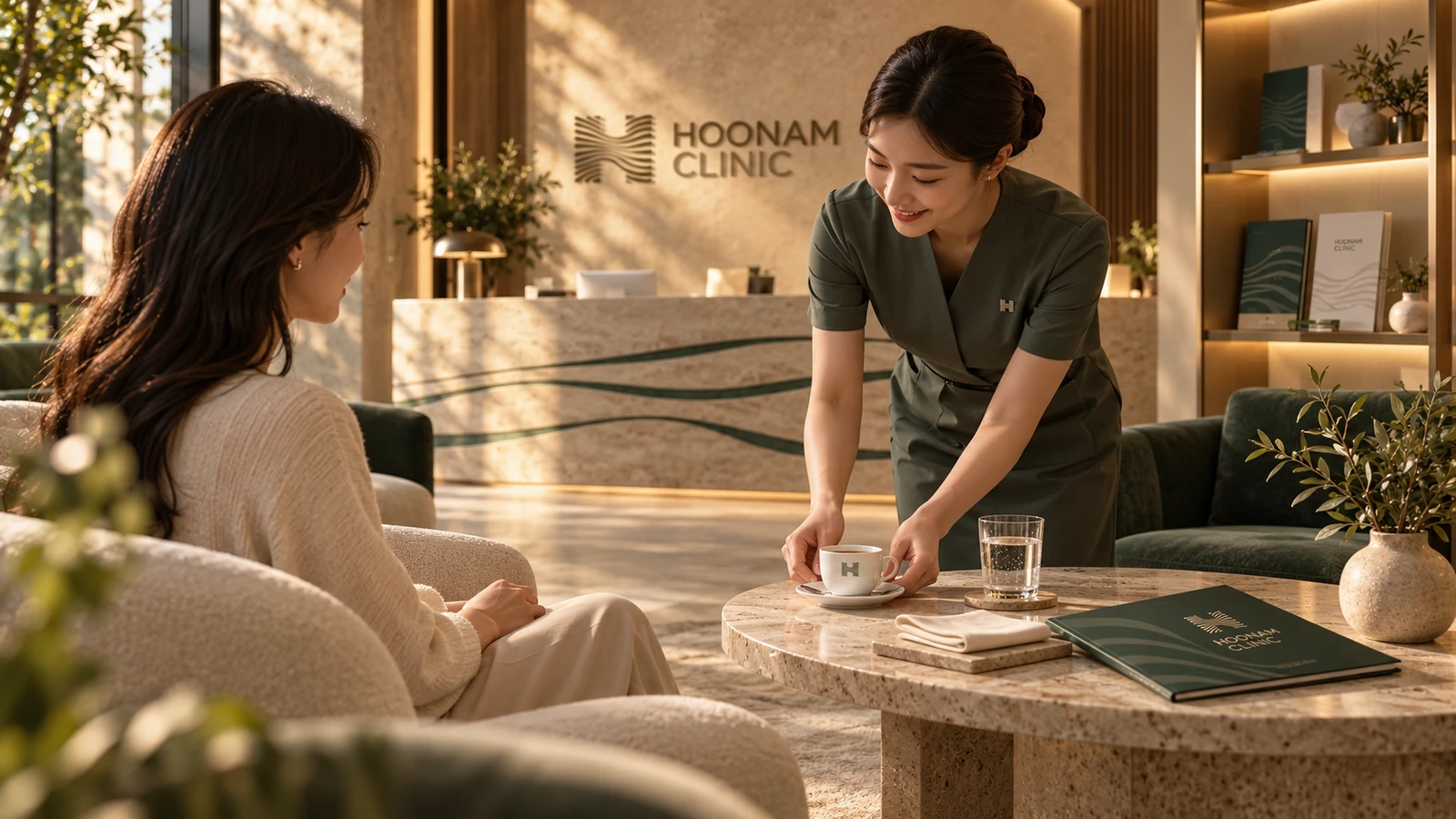 A Hoonam reception host serving coffee to an adult visitor in the proposed branded lounge