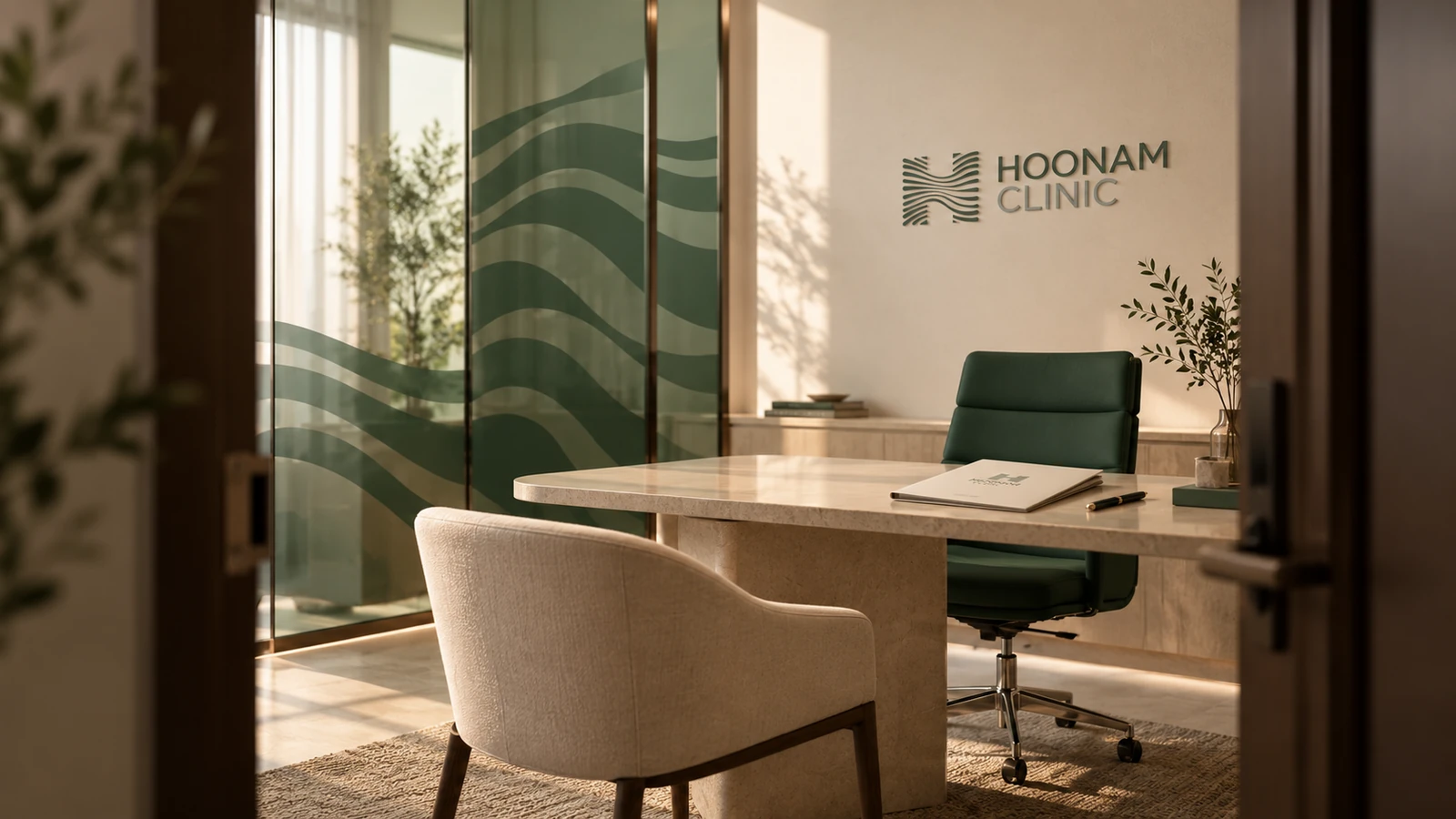 Quiet Hoonam consultation room concept with a green wave privacy screen