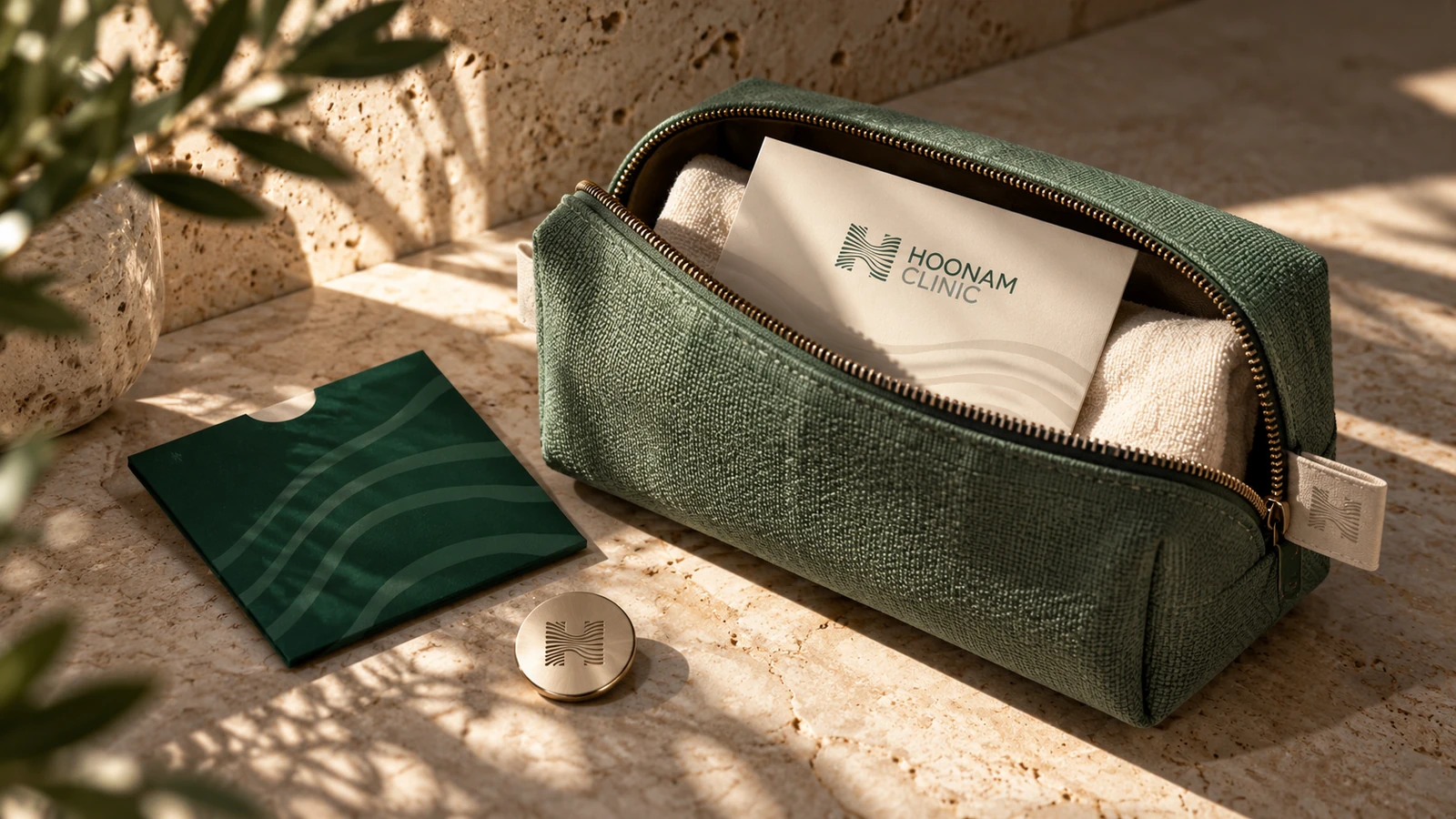 Reusable sage Hoonam pouch with a care card and woven details