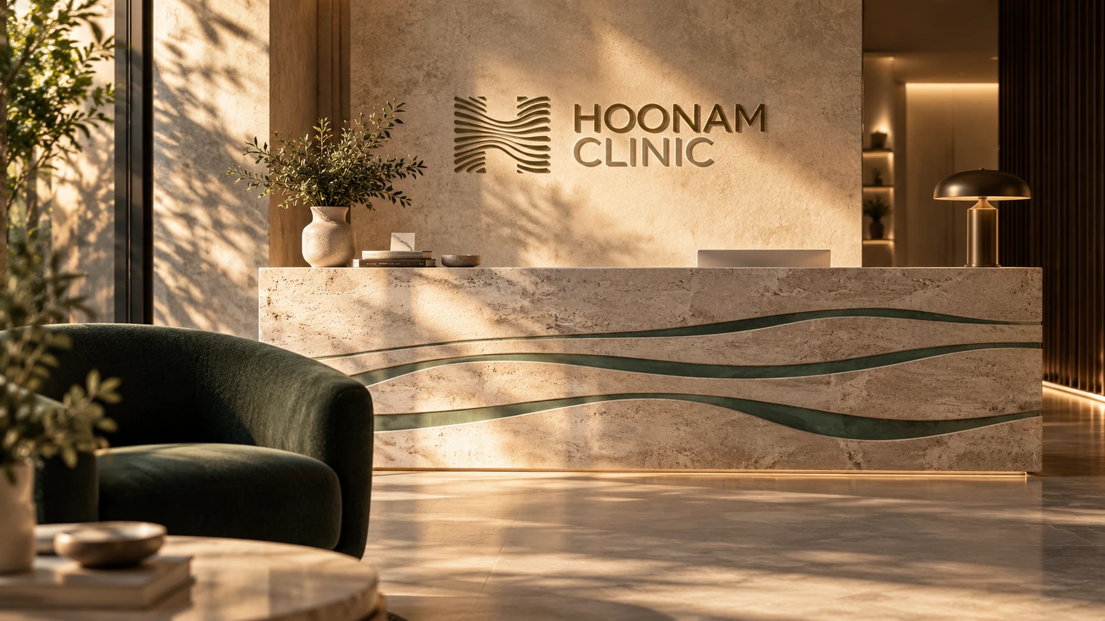 Hoonam reception concept with original logo and flowing line details in travertine