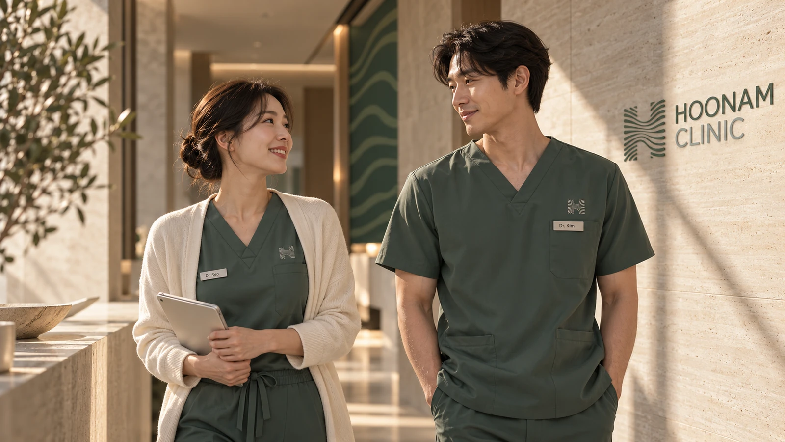 Two clinic professionals wearing proposed sage Hoonam uniforms with tonal embroidery