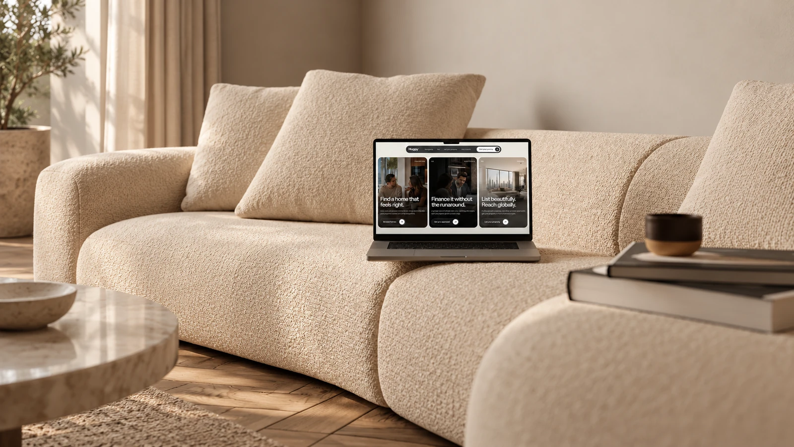 Huspy buying, mortgage and selling sections on a laptop on a cream sofa