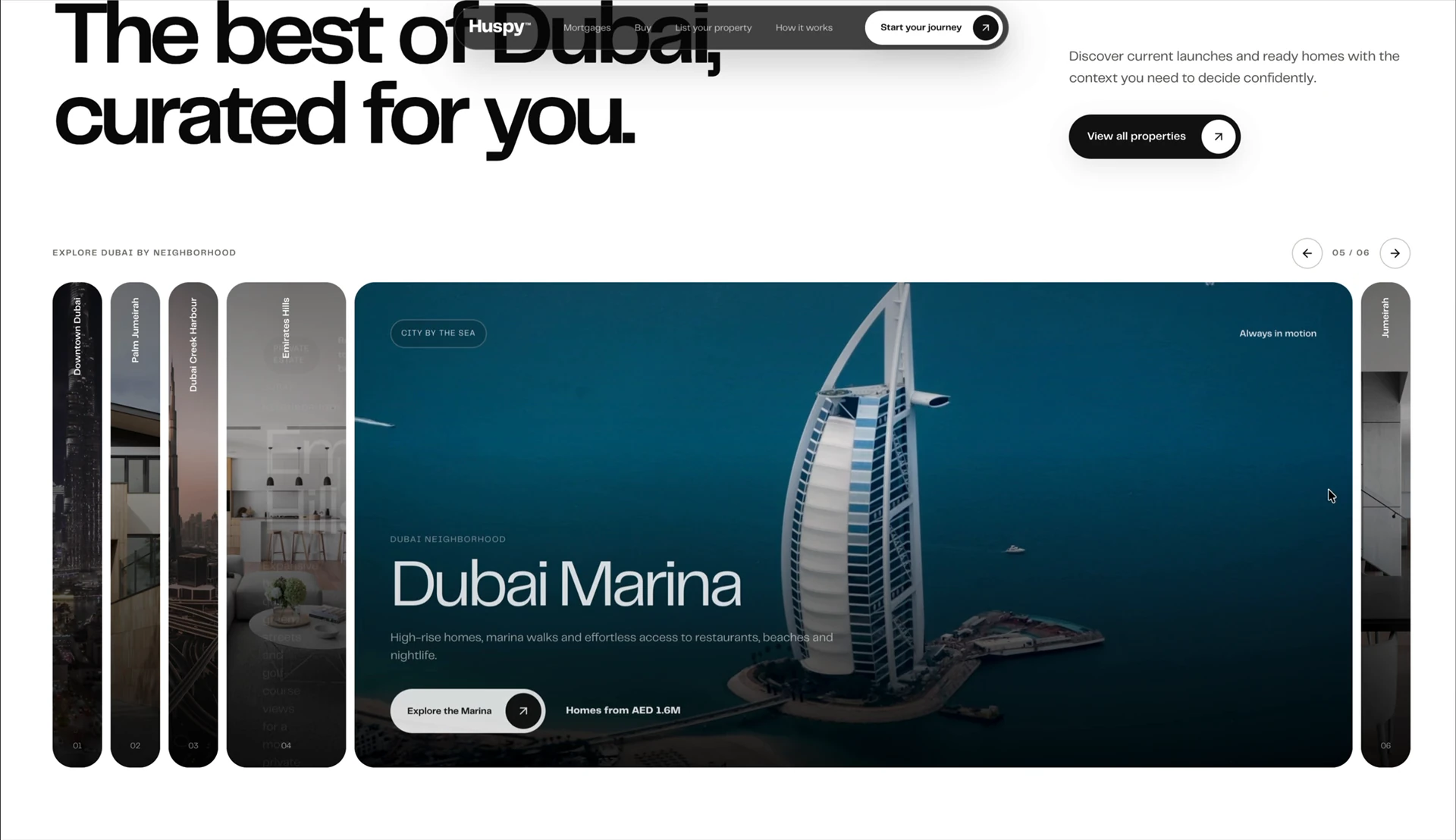 Huspy neighbourhood accordion with the Dubai Marina panel expanded