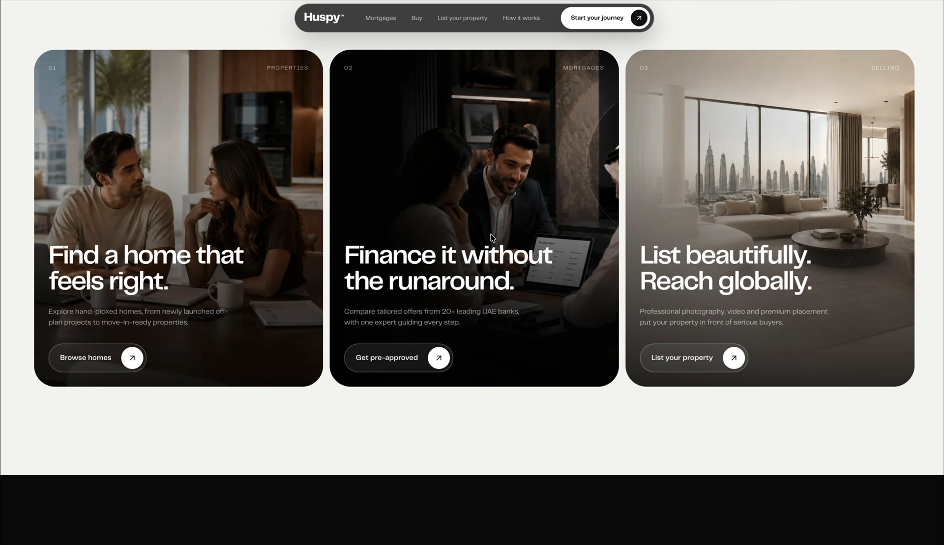 Three service cards showing people, mortgage advice and a Dubai interior