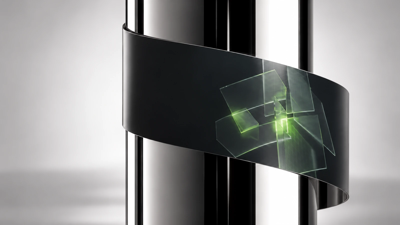 Polished chrome cylinder with a curved dark ribbon and luminous glass artwork, without typography