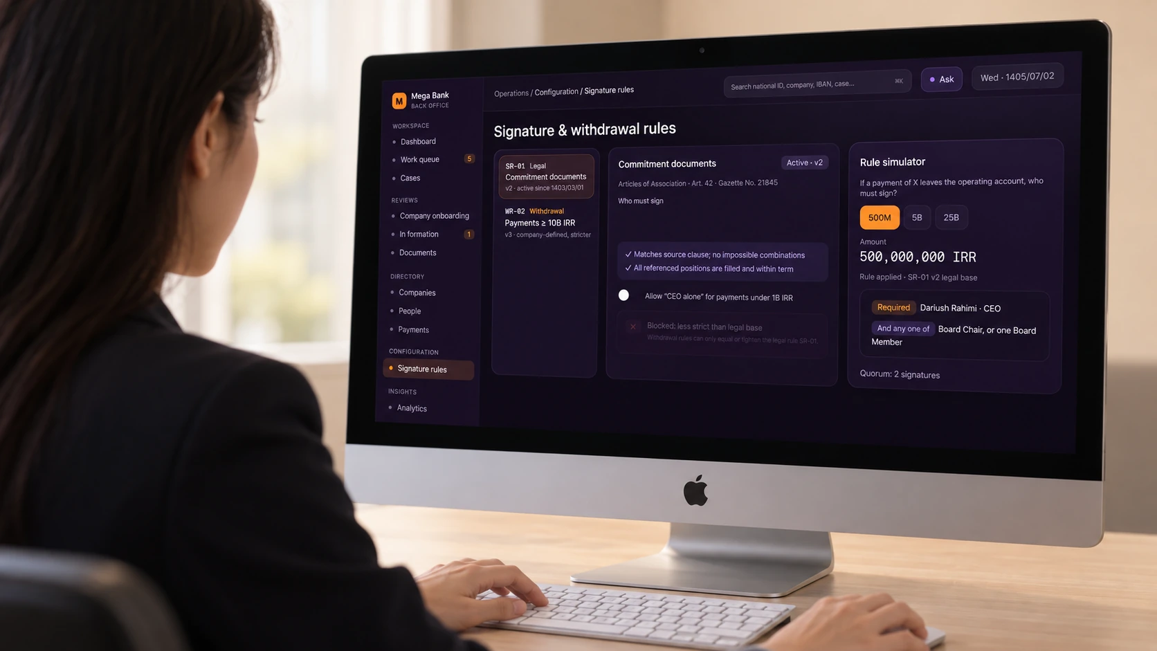 Make authority understandable. — bank staff using the interface on an Apple device; generated visualization