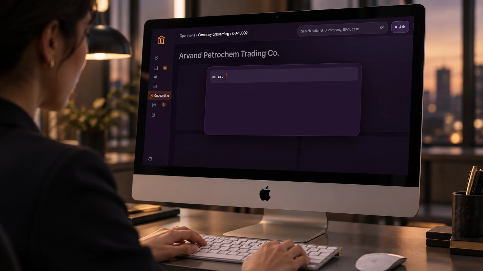 Move between a person, a company and a case. — bank staff using the interface on an Apple device; generated visualization